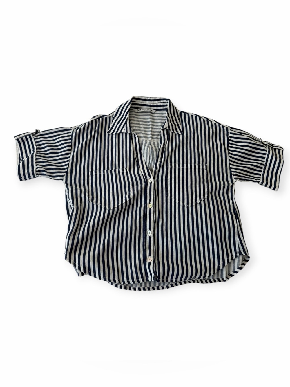 Women’s XS Zara Navy and White Vertical-Stripe Button-Down Relaxed Linen Shirt
